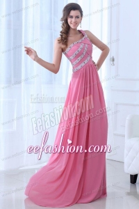 Empire One Shoulder Rose Pink Ruching and Beading Chiffon Prom Dress