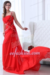 Empire Red One Shoulder Ruching and Beading Chiffon Prom Dress