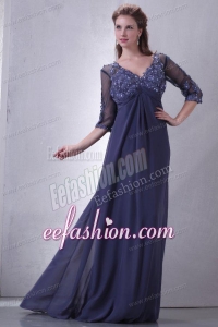Empire V-neck Chiffon Appliques with Beading Prom Dress with 3/4-length Sleeves