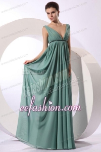 Empire V-neck Floor-length Light Blue Ruching Chiffon Prom Dress
