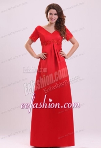 Empire V-neck Short Sleeves Appliques Satin Prom Dress in Red