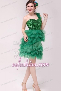 Green A-line One Shoulder Sequins and Ruffles Prom Dress