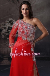 High Slit One Shoulder Red Prom Dress with Beading Long Sleeve