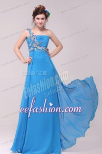 One Shoulder Empire Full Length Teal Prom Dress with Appliques