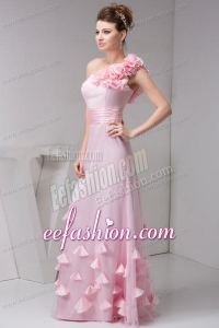 One Shoulder Floor-length Pink Organza Hand Made Flowers Prom Dress