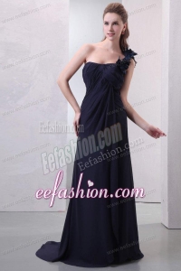 One Shoulder Hand Made Flowers Chiffon Navy Blue Prom Dress