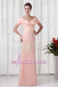 Pink Column V-neck Short Sleeves Ruching Chiffon Prom Dress