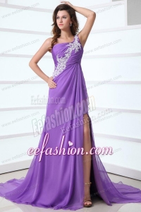 Purple Empire One Shoulder Brush Train Chiffon Appliques 2014 Prom Dress
