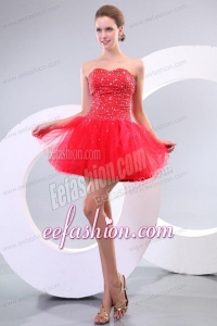 Red A-line Sweetheart Beading Tulle Mini-length Prom Dress