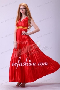 Red Empire V-neck Beaded Decorate Shoulder Prom Dress with Pleats