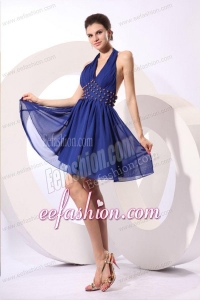 Royal Blue Halter Top Knee-length Prom Dress with Beading
