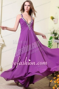 Sexy V-neck Empire Chiffon Beaded Decorate Prom Dress in Purple