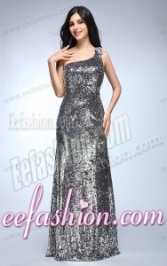 Sheath Silver One Shoulder Sequins Beading Floor-length Prom Dress