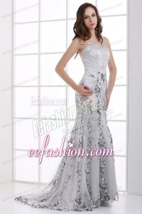 Silver Column Straps Beading and Appliques Prom Dress for Spring