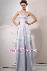Silver Empire Halter Top Prom Dress with Baby Pink Belt