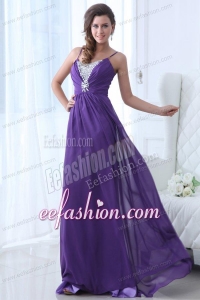 Simple Empire Straps Floor-length Chiffon Beading Purple Prom Dress
