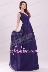 Simple Purple Empire V-neck Ruching Floor-length Chiffon Prom Dress