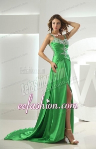 Spring Green Straps Column Elastic Woven Satin Brush Train Beading Prom Dress