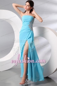 Strapless Aqua Blue Floor-length Appliques and High Silt Prom Dress