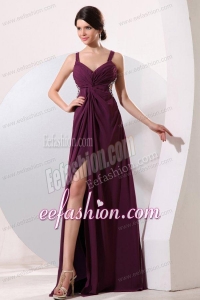 Straps Chiffon Beading and High Silt Prom Dress with Criss-cross Back