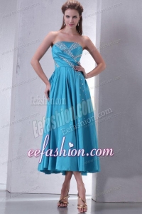 Teal Empire Strapless Tea-length Prom Dress with Beading
