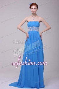 Teal Strapless Empire Chiffon Appliques Prom Dress with Brush Train