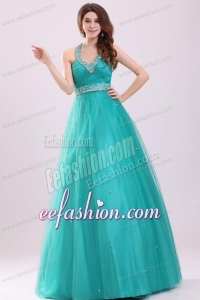 Turquoise Hatter Top Beading and Ruching Prom Dress