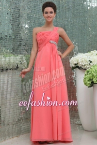 Watermelon Red One Shoulder Ruching Beading Floor-length Prom Dress