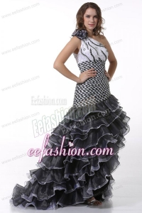 White and Black One Shoulder High-Low Prom Dress with Ruffled Layers