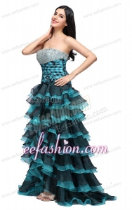 A-line Strapless Black and Blue Ruffled Layers Organza Beading Prom Dres