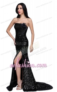 Column Black Strapless Sequins High Slit Brush Train Prom Dress
