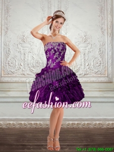 2015 Beautiful and Best Selling Purple Strapless Prom Dresses with Embroidery and Ruffles