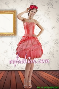 2015 Best Selling Strapless Coral Red Prom Gown with Ruffled Layers