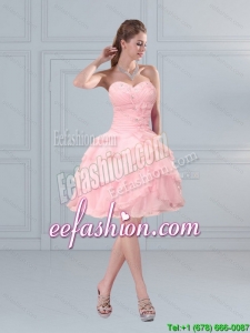 2015 Cute Baby Pink Sweetheart Prom Gown with Ruffled Layers and beading
