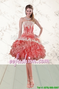 2015 Elegant Ruffles Strapless Prom Gown in Watermelon