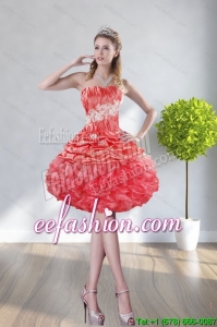 2015 Fashionable Strapless Watermelon Red Prom Dresses With Appliques and Ruffles