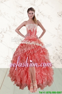 2015 Perfect High Low Ruffles Strapless Prom Dresses in Watermelon