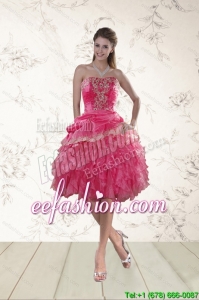 Coral Red Strapless Prom Dresses with Beading and Ruffles
