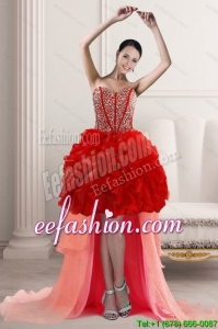 2015 Beautiful High Low Prom Dresses with Beading and Ruffles