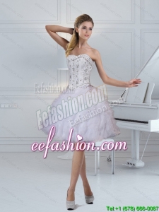 2015 Elegant Strapless White Prom Dresses with Ruffles and Beading