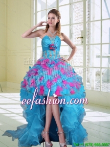 2015 High Low Strapless Ruffles Prom Dresses with Hand Made Flower
