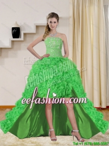 2015 Pretty Spring Green High Low Prom Dresses with Beading