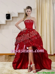 2015 Sexy Strapless Red Prom Dresses with Embroidery and Pick Ups