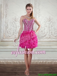 2015 Sweetheart Hot Pink Prom Gown with Beading and Ruffled Layers