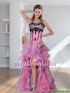 2015 Zebra Printed Strapless High-low Rose Pink Prom Dresses with Embroidery