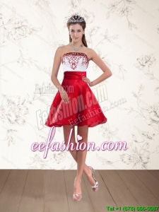 Cheap and Elegant Strapless White And Wine Red Prom Dresses with Embroidery