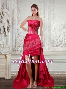 High Low Strapless Ruffled Coral Red Prom Dresses with Hand Made Flower