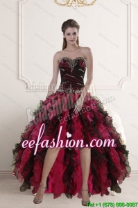 High Low Sweetheart Multi Color Prom Gown with Ruffles and Beading