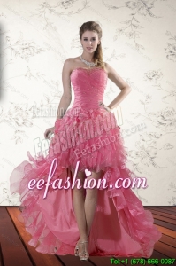 Pretty Beading High Low 2015 Prom Dresses with Ruffles
