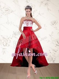 Sexy White And Wine Red High Low Strapless Prom Dresses with Embroidery